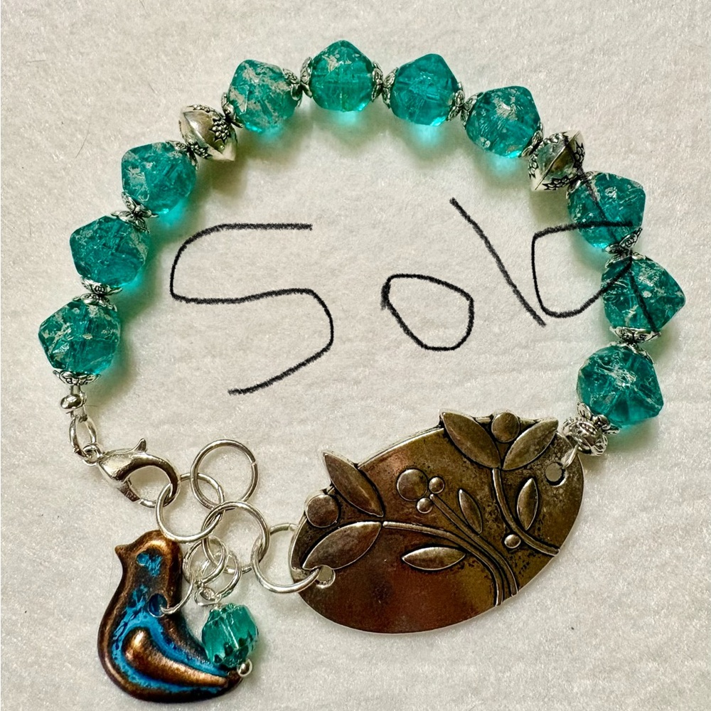 Aqua Blue Czech Glass and Silver Bracelet